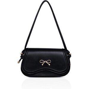 Shoulder Bag for Women, Black PU Leather Handbag Bowknot with Detachable Strap,
